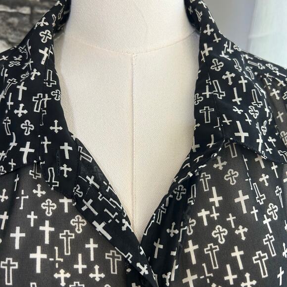 FUN & FLIRT Semi-Sheer Blouse Black W/ White Crosses Religious Punk Grunge Goth - Picture 2 of 8